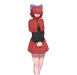 Rule 34 | 1girl, bare legs, black shirt, blue bow, bow, breasts, cape, cloak, covered eyes, creepy, dullahan, hair bow, hair over eyes, high collar, highres, long sleeves, mata (matasoup), miniskirt, red cape, red cloak, red hair, red skirt, sekibanki, shirt, short hair, simple background, skirt, small breasts, smile, touhou