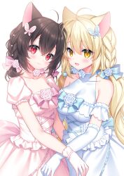 Rule 34 | 2girls, :d, ahoge, animal ears, bare shoulders, black hair, blonde hair, blue bow, blush, bow, braid, breasts, butterfly hair ornament, cleavage, closed mouth, commission, dress, fang, fang out, flower, hair between eyes, hair bow, hair flower, hair ornament, highres, long hair, looking at viewer, medium breasts, multiple girls, open mouth, original, pink bow, pink dress, pink flower, pink rose, pixiv commission, puffy short sleeves, puffy sleeves, red eyes, rose, sacraneco, short sleeves, simple background, sleeveless, sleeveless dress, smile, very long hair, white background, white dress, white flower, white rose, yellow eyes