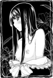 Rule 34 | 1girl, bare shoulders, breasts, breasts out, female focus, greyscale, hamayumiba sou, houraisan kaguya, long hair, lowres, monochrome, nipples, off shoulder, solo, topless, touhou, upper body