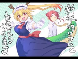 Rule 34 | 2girls, blonde hair, blue dress, breasts, collared shirt, commentary request, cool-kyou shinja, dragon girl, dragon horns, dragon tail, dress, elbow gloves, fang, gloves, hair between eyes, highres, horns, huge breasts, kobayashi-san chi no maidragon, kobayashi (maidragon), letterboxed, long hair, looking at viewer, maid, maid headdress, multiple girls, necktie, open mouth, pinafore dress, red eyes, red hair, red necktie, shirt, short hair, skin fang, sleeveless, sleeveless dress, slit pupils, tail, tohru (maidragon), translation request, twintails, white gloves, white shirt, yellow necktie