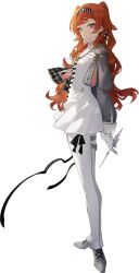 Rule 34 | 1girl, artist request, black bow, bow, braid, checkered hairband, dress, full body, gloves, green eyes, grey jacket, highres, jacket, long hair, long sleeves, looking at viewer, official art, orange hair, pants, pants under dress, puffy long sleeves, puffy sleeves, reverse:1999, shoes, solo, sonetto (reverse:1999), standing, third-party source, transparent background, two side up, very long hair, white dress, white footwear, white gloves, white pants