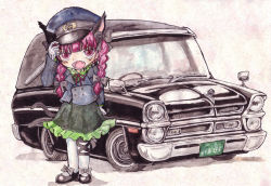 Rule 34 | 1girl, animal ears, black bow, black tail, bow, braid, cat ears, cat tail, chauffeur, fang, footwear bow, gloves, green skirt, hair bow, hat tip, hearse, kaenbyou rin, motor vehicle, multiple tails, nissan, nissan gloria, open mouth, pink eyes, pink hair, skirt, sodbre (takaya), solo, standing, tail, touhou, twin braids, two tails, uniform, vehicle focus
