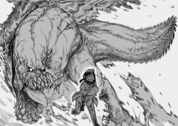 Rule 34 | 1girl, 1other, absurdres, blood, breasts, commentary, constricted pupils, destruction, deviljho, dragon, english commentary, fleeing, greyscale, highres, holding own arm, imminent death, injury, jaw, krekkov, large breasts, monochrome, monster, monster hunter (series), no pupils, open mouth, scar, scared, size difference, spikes, tail, teeth, tongue, wyvern
