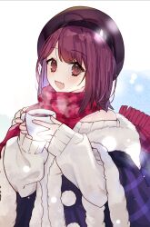 Rule 34 | 1girl, atelier (series), atelier sophie, beret, brown eyes, cup, fang, fur trim, hat, highres, holding, holding cup, looking at viewer, open mouth, red hair, red scarf, ryuuno6, scarf, short hair, simple background, smile, solo, sophie neuenmuller, sweater, white background, white sweater, winter clothes