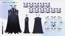 Rule 34 | 1girl, :d, armor, blue eyes, broken mask, character sheet, cloak, closed mouth, color guide, earrings, grey hair, guchico, heterochromia, highres, horns, jewelry, long hair, looking at viewer, mask, multiple views, neo-porte, open mouth, pauldrons, pink eyes, shoulder armor, smile, standing, tentei forte, virtual youtuber