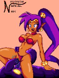 blue_eyes dark-skinned_female dark_skin earrings jewelry mud_bog_monster panties pixel_art purple_hair red_panties shantae shantae_(series) shantae_and_the_pirate&#039;s_curse tentacle_sex tentacles underwear