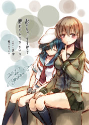 Rule 34 | 2girls, brown eyes, brown hair, commentary, eyepatch, green hair, hat, head on another&#039;s shoulder, kantai collection, kiso (kancolle), kneehighs, leaning on person, leaning to the side, long hair, military, military uniform, multiple girls, naval uniform, ooi (kancolle), pleated skirt, sailor hat, school uniform, serafuku, short hair, side-by-side, sitting, skirt, sleeping, sleeping on person, sleeping upright, socks, translated, uniform, yuihira asu