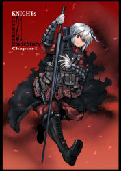 Rule 34 | armor, bad id, bad pixiv id, boots, gauntlets, gloves, gun, load bearing vest, plaid, red eyes, short hair, sigama, silver hair, skirt, weapon