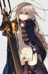 Rule 34 | 1girl, ahoge, blue eyes, boots, brown gloves, chain, cloak, closed mouth, cowboy shot, dress, fantasy, fingerless gloves, gloves, grey background, grey hair, hair between eyes, hair flaps, holding, holding sword, holding weapon, hood, hooded cloak, kazutake hazano, long hair, looking at viewer, original, pelvic curtain, simple background, solo, sword, thigh boots, thighhighs, thighs, weapon, white dress