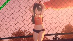 Rule 34 | 1girl, absurdres, against fence, armpits, arms behind head, black hair, breasts, denim, denim shorts, fence, highres, kazaki yuriko, legs, looking at viewer, midriff, navel, original, seductive smile, shorts, small breasts, smile, solo, thighs, thong