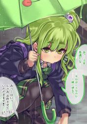 Rule 34 | 1girl, absurdres, backpack, bag, brown footwear, cardigan, commentary request, eyeball hair ornament, frog, green eyes, green hair, green neckwear, highres, holding, holding umbrella, loafers, looking at viewer, nail polish, original, osanai (shashaki), pantyhose, pout, purple nails, shashaki, shoes, sidelocks, solo, squatting, translation request, umbrella