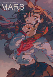 Rule 34 | 1girl, bishoujo senshi sailor moon, black sailor collar, blouse, blue eyes, brown hair, brown skirt, buttons, character name, commentary, covering own mouth, cronstatd, english commentary, english text, floating hair, hand over own mouth, highres, hino rei, long hair, long sleeves, looking at viewer, midriff peek, neckerchief, pleated skirt, red neckerchief, sailor collar, school uniform, serafuku, shirt, skirt, solo, translated, white shirt