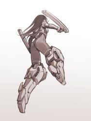 Rule 34 | absurdres, ass, back cutout, character request, clothing cutout, copyright request, dual wielding, elbow gloves, floating hair, from below, gloves, gradient background, greyscale, highres, holding, holding weapon, ishiyumi, leotard, long hair, armored boots, monochrome, pantyhose, tonfa, weapon