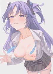 Rule 34 | black skirt, blue archive, blush, breasts, breasts out, collarbone, grey shirt, hanamaru tsubaki, highres, medium breasts, navel, necktie, nipples, no halo, open clothes, open shirt, panties, panty pull, purple eyes, purple hair, shirt, simple background, skirt, two side up, underwear, undone necktie, white background, white panties, yuuka (blue archive)