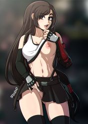 Rule 34 | 1girl, arm guards, belt, black gloves, black skirt, black thighhighs, breasts, brown eyes, brown hair, cleavage, clothes lift, final fantasy, final fantasy vii, fingerless gloves, gloves, gluteal fold, heart, heart-shaped pupils, highres, kinkymation, large breasts, lifted by self, long hair, low-tied long hair, md5 mismatch, midriff, miniskirt, navel, nipples, no bra, no panties, open mouth, partially visible vulva, pussy, pussy peek, shirt lift, skirt, skirt lift, solo, suspender skirt, suspenders, symbol-shaped pupils, tank top, teeth, thighhighs, thighs, tifa lockhart, very long hair, white tank top