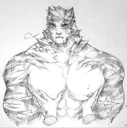 Rule 34 | 1boy, abs, animal ears, arknights, bara, blush, breath, cropped torso, furry, furry male, grabbing, greyscale, highres, kangnotrier, large pectorals, looking at viewer, male focus, monochrome, mountain (arknights), muscular, muscular male, nipples, pectoral focus, pectoral grab, pectorals, pov, scar, scar across eye, scar on arm, scar on face, short hair, solo focus, sweat, tiger boy, tiger ears, traditional media, white fur