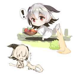 Rule 34 | !, 1girl, :d, absurdres, animal, barefoot, blush, bowl, bush, chibi, closed mouth, commentary request, demon horns, feeding, food, fox, fruit, hair between eyes, highres, holding, holding bowl, holding food, horns, long hair, long sleeves, looking at animal, looking to the side, open mouth, original, pointy ears, red eyes, shirt, silver hair, smile, spoken exclamation mark, standing, standing on one leg, tail, translation request, white background, white shirt, wide sleeves, yuuji (yukimimi), | |