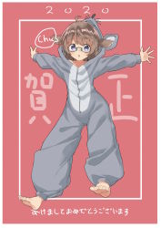 Rule 34 | 1girl, 2020, ahoge, amemiya sekira, animal costume, animal ears, animal hood, barefoot, blush, brown hair, chinese zodiac, commentary request, fake animal ears, full body, glasses, green-framed eyewear, highres, hood, hood up, long hair, long sleeves, looking at viewer, mouse costume, mouse ears, mouse hood, original, outstretched arms, parted lips, purple eyes, red background, romaji text, sekira ame, semi-rimless eyewear, soles, solo, speech bubble, spread arms, translation request, two side up, under-rim eyewear, year of the rat