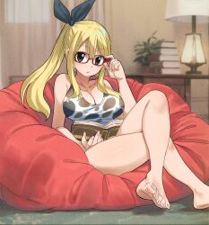 Rule 34 | 1girl, bare shoulders, blonde hair, book, breasts, cleavage, collarbone, fairy tail, feet, gaston18, glasses, highres, lamp, large breasts, looking at viewer, lucy heartfilia, paper, sitting, solo, toes