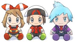 Rule 34 | 1girl, 2boys, blue eyes, blue hair, bow, bracelet, brendan (pokemon), brown hair, character doll, creatures (company), game freak, grey eyes, hair bow, hat, highres, jacket, jewelry, looking at viewer, may (pokemon), multiple boys, necktie, nintendo, open clothes, open jacket, pants, pokemon, pokemon oras, red bow, red necktie, red shirt, rrrisyf, shirt, shorts, sitting, sleeveless, sleeveless shirt, smile, steven stone, white background