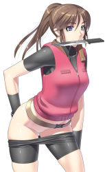 Rule 34 | 1girl, bike shorts, blue eyes, brown hair, capcom, claire redfield, kansuke, knife, latex, long hair, mouth hold, no panties, no pussy, ponytail, resident evil, resident evil 2, solo