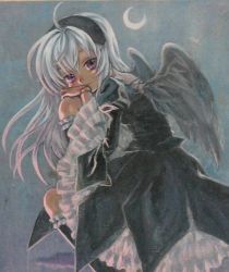 Rule 34 | 00s, 1girl, acrylic paint (medium), ahoge, ama-tou, crescent moon, doll joints, hairband, highres, joints, long hair, looking at viewer, moon, painting (medium), purple eyes, rozen maiden, solo, suigintou, traditional media, white hair, wings