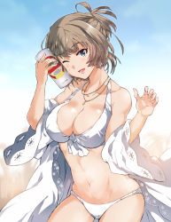 Rule 34 | 10s, 1girl, beer can, bikini, blue eyes, blush, breasts, brown hair, can, cleavage, drink can, gradient background, idolmaster, idolmaster cinderella girls, large breasts, looking at viewer, mole, mole under eye, navel, one eye closed, open mouth, short hair, smile, solo, swimsuit, takagaki kaede, ueda yumehito, white bikini