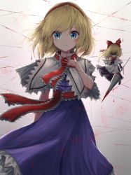 Rule 34 | 1girl, alice margatroid, apron, arm behind back, arm up, blonde hair, blood, blood drip, blood on face, blood on hands, bloody weapon, blue dress, blue eyes, capelet, cropped legs, crying, crying with eyes open, dress, floating, floating clothes, floating hair, gradient background, grey background, hair ribbon, hairband, hand on own chest, highres, holding, holding lance, holding polearm, holding weapon, kayon (touzoku), lance, looking at viewer, neck ribbon, parted lips, petticoat, polearm, puppet strings, red ribbon, ribbon, sash, shaded face, shanghai doll, solo, standing, swept bangs, tears, touhou, waist apron, weapon, white capelet