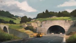 Rule 34 | absurdres, ace combat, building, bush, commentary request, grass, highres, mikado (winters), no humans, outdoors, road, scenery, steamroller, traffic cone, tree, tunnel