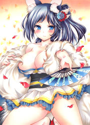 Rule 34 | 1girl, animal ear fluff, animal ears, azur lane, bare shoulders, blue eyes, blue hair, blush, breasts, cleavage, closed mouth, collarbone, dark blue hair, folding fan, fox ears, fox girl, fox tail, gluteal fold, hair ornament, hand fan, highres, holding, holding fan, japanese clothes, jintsuu (azur lane), knees together feet apart, large breasts, long hair, looking at viewer, marker (medium), no panties, petals, saya pr, solo, tail, traditional media