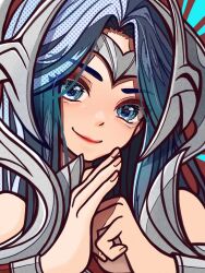 Rule 34 | 1girl, black hair, blue eyes, clenched hand, closed mouth, fingerless gloves, gloves, hair ornament, highres, irelia, kawaguti kappa, league of legends, long hair, looking at viewer, own hands together, parted bangs, smile, solo, upper body