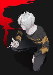 Rule 34 | . ., 1boy, aged up, black background, black eyes, cigarette, collarbone, commentary, edamame ksr, gegege no kitarou, grey hair, hair over one eye, highres, holding, holding cigarette, kitarou, male focus, one eye covered, shirt, short hair, smoke, smoking, solo, squatting, striped clothes, striped shirt, symbol-only commentary