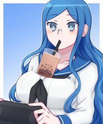 Rule 34 | 1girl, blouse, blue eyes, blue hair, blush, breasts, bubble tea, bubble tea challenge, controller, cup, danganronpa (series), danganronpa v3: killing harmony, donutous, drink, drinking, drinking straw, game console, glasses, handheld game console, large breasts, long hair, long sleeves, looking down, meme, object on breast, playing games, playstation vita, rimless eyewear, school uniform, shirogane tsumugi, shirt, simple background, solo, upper body, video game, wavy hair, white shirt