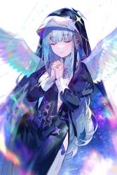 Rule 34 | 1girl, angel wings, black shirt, blurry, closed eyes, closed mouth, cowboy shot, depth of field, diamond (shape), facing viewer, fuzichoco, grey hair, habit, highres, iridescent, juliet sleeves, light particles, long hair, long sleeves, multicolored wings, nun, o-ring, original, own hands together, praying, puffy sleeves, shirt, signature, smile, solo, thighhighs, white background, wings