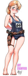 Rule 34 | 1girl, amy crawford, blonde hair, blue eyes, blush, character name, cowboy hat, freckles, full body, gun, handgun, hat, highres, holster, long hair, one-piece swimsuit, original, pistol, ponytail, revolver, school swimsuit, simple background, skirt, smile, solo, swimsuit, weapon, white background, yabataso
