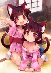 Rule 34 | 2girls, all fours, animal ears, black hair, cat ears, cat tail, fang, indoors, japanese clothes, kimono, kneeling, lillithlauda, long hair, looking at viewer, multiple girls, off shoulder, open mouth, original, red eyes, siblings, sisters, smile, tail, twins