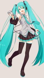 Rule 34 | 1girl, absurdly long hair, black footwear, black skirt, blue eyes, blue hair, blue necktie, blush, boots, collared shirt, full body, hatsune miku, highres, holding, holding microphone, hyuuga azuri, long hair, looking at viewer, microphone, necktie, open mouth, shirt, skirt, smile, solo, thigh boots, thighhighs, very long hair, vocaloid