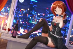 Rule 34 | 1girl, alcohol, black dress, black thighhighs, blurry, bottle, breasts, brown eyes, brown hair, choker, cleavage, collarbone, cup, depth of field, dress, drinking glass, from side, highres, kazenokaze, looking at viewer, off-shoulder dress, off shoulder, original, sitting, solo, thighhighs, wine, wine bottle, wine glass, zettai ryouiki