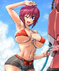 Rule 34 | 1girl, 2017, ahoge, amania orz, arm up, armpits, bare shoulders, belt, bikini, bikini top only, blue eyes, bow, breasts, cleavage, cloud, cowboy shot, dated, day, front-tie bikini top, front-tie top, gundam, gundam seed, gundam seed destiny, hose, large breasts, looking at viewer, lunamaria hawke, mecha, midriff, mobile suit, navel, one eye closed, open mouth, outdoors, pink hair, purple hair, red bow, revealing clothes, robot, short hair, short shorts, shorts, sky, smile, solo, standing, sweat, swimsuit, toned, twitter username, underboob, washing vehicle, water, zaku, zaku warrior lunamaria custom