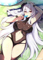 Rule 34 | 1girl, azur lane, beach mat, black flower, black one-piece swimsuit, breasts, cleavage, clothing cutout, cloud, coat, crossed bangs, cup, drinking glass, flower, food, graf zeppelin (azur lane), graf zeppelin (beachside urd) (azur lane), groin, hair between eyes, hair flower, hair ornament, highres, holding, holding food, innertube, large breasts, long hair, looking at viewer, messy hair, midriff, navel, navel cutout, one-piece swimsuit, parted lips, popsicle, puuzaki puuna, red eyes, revealing clothes, see-through, shade, sidelocks, silver hair, skindentation, sky, solo, stomach, swim ring, swimsuit, tropical drink, twitter username, wet, wrist straps