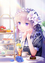 Rule 34 | 1girl, black ribbon, black shirt, blue flower, blue rose, bush, cake, chocolate cake, closed mouth, commentary request, cup, drink, drinking glass, flower, flower request, food, fruit, grey hair, hair flower, hair ornament, hands up, ice, indoors, lemon, lemon slice, long hair, maid, maid headdress, original, own hands together, plastic moon, purple eyes, ribbon, rose, shirt, short sleeves, sidelocks, solo, strawberry, strawberry shortcake, teacup, teapot, tiered tray, twitter username, upper body, white flower, window