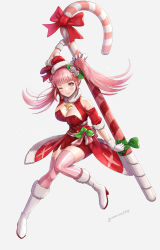 Rule 34 | 1girl, ;), arm up, artist name, bare shoulders, blunt bangs, blush, boots, bow, breasts, candy, candy cane, cleavage, closed mouth, commentary request, dress, fire emblem, fire emblem: three houses, fire emblem heroes, flower, food, full body, fur-trimmed dress, fur-trimmed headwear, fur-trimmed sleeves, fur collar, fur trim, gloves, gonzarez, hair flower, hair ornament, high heel boots, high heels, highres, hilda valentine goneril, holding, knee boots, large breasts, long hair, looking at viewer, nintendo, one eye closed, oversized object, pink eyes, pink hair, pink thighhighs, red bow, red dress, red headwear, rose, santa costume, short sleeves, simple background, smile, solo, striped clothes, striped thighhighs, thighhighs, twintails, vertical-striped clothes, vertical-striped thighhighs, very long hair, white background, white flower, white footwear, white gloves, white rose, zettai ryouiki