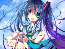 Rule 34 | 1girl, bad id, bad pixiv id, blue eyes, blue hair, cloud, day, female focus, flower, hatsune miku, long hair, matching hair/eyes, necktie, outdoors, petals, sky, smile, solo, sushimekabu, twintails, vocaloid