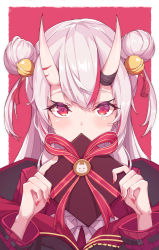 Rule 34 | covering own mouth, double bun, gift, hair between eyes, hair bun, highres, hitokuchii, hololive, horns, jacket, long hair, looking at viewer, nakiri ayame, portrait, red eyes, silver hair, simple background, skin-covered horns, valentine, virtual youtuber
