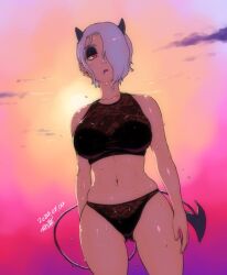 1girl beach black_bra black_panties bra demon demon_girl demon_horns demon_tail ear_piercing hair_over_eyes helltaker horns looking_at_viewer mouth_piercing navel_piercing nose_piercing panties piercing red_eyes standing tail tsukudani_(coke-buta) underwear wet zdrada_(helltaker)