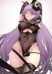 Rule 34 | 1girl, arms behind head, azur lane, black gloves, black thighhighs, blue eyes, breasts, closed mouth, covered navel, demon girl, demon horns, demon tail, elbow gloves, feet out of frame, from below, glasses, gloves, gneisenau (azur lane), gneisenau (nightmarish succubus) (azur lane), highres, horns, itete, large breasts, long hair, looking at viewer, navel, official alternate costume, pubic tattoo, purple hair, smile, solo, standing, tail, tattoo, thighhighs, very long hair, white background