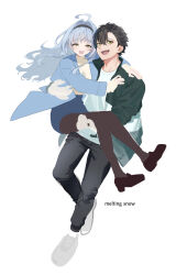 Rule 34 | 1boy, 1girl, ahoge, blue coat, blue hair, blush, carrying, coat, couple, full body, hetero, highres, jacket, kise itsuki, loafers, long hair, open clothes, open coat, open jacket, open mouth, original, pantyhose, princess carry, shoes, simple background, smile, sneakers, sweater, unfinished, white background, yellow eyes
