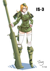Rule 34 | 1girl, armor, blonde hair, boots, cannon, character name, dated, garrison cap, green eyes, gun, hand on own hip, hat, highres, is-3, mecha musume, military, military vehicle, miniskirt, motor vehicle, original, pauldrons, personification, ponytail, shoulder armor, signature, skirt, solo, tank, thighhighs, vehicle, weapon, wing (4486066), zettai ryouiki