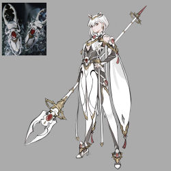Rule 34 | 1girl, absurdres, breasts, cape, clothing cutout, detached sleeves, earrings, eyebrows, hair behind ear, hand on own hip, highres, holding, holding lance, holding polearm, holding weapon, horns, jewelry, lance, original, photo-referenced, photo inset, polearm, red eyes, reference inset, shinyoung kim, short hair, small breasts, solo, stag beetle, underboob, underboob cutout, weapon