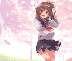 Rule 34 | 1girl, ahoge, anchor symbol, blue skirt, blurry, blush, brown eyes, brown hair, cherry blossoms, contrapposto, cowboy shot, day, depth of field, folded ponytail, hair blowing, hands in hair, head tilt, inazuma (kancolle), kantai collection, long sleeves, looking at viewer, neckerchief, open mouth, outdoors, petals, pole, red neckerchief, sailor collar, school uniform, serafuku, shokochi, short hair, skirt, solo, standing, undershirt, wind, wind lift